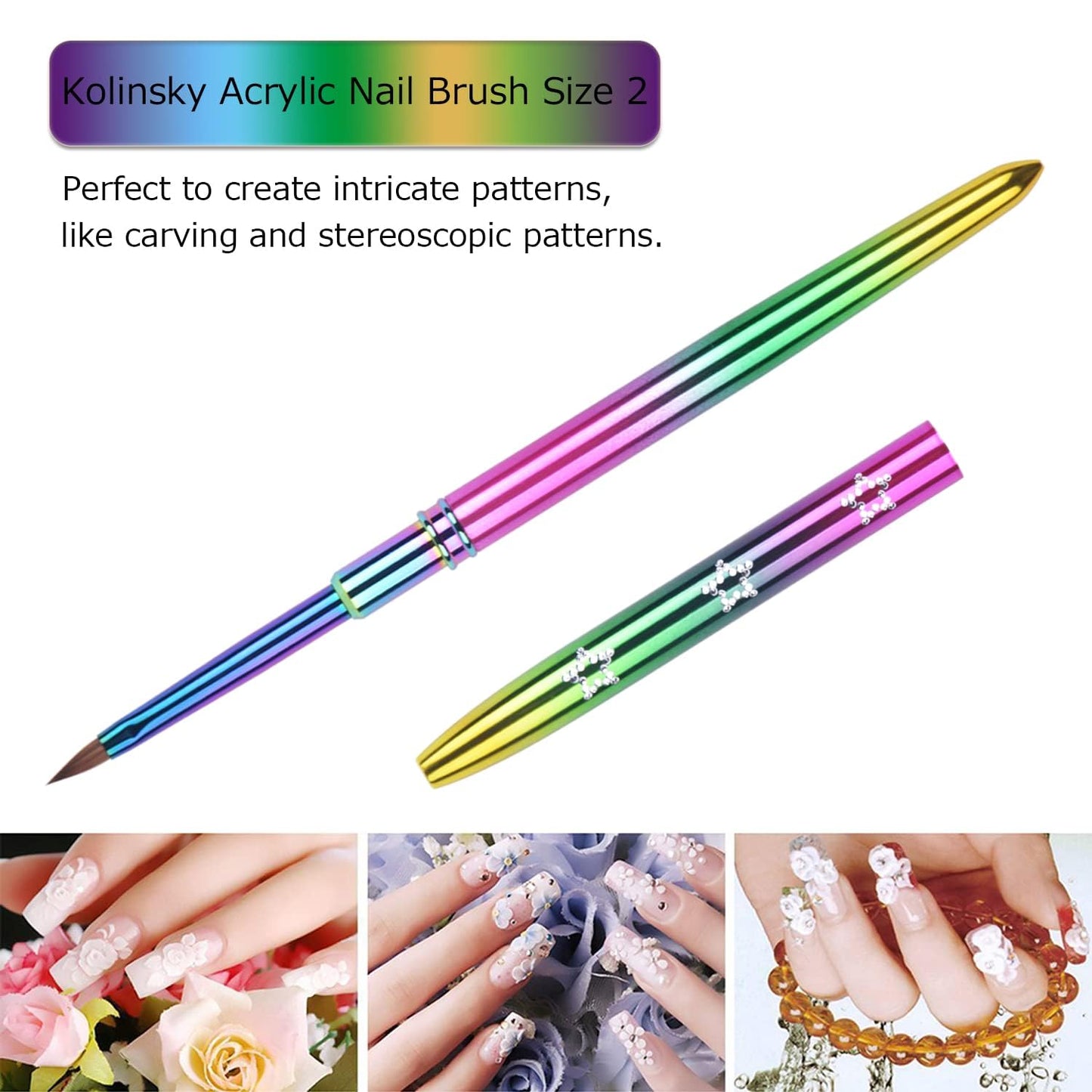 Ycyan 2Pcs Kolinsky Acrylic Nail Brush Set Rainbow Handle 3D Nail Art Brushes Size 2 & 4