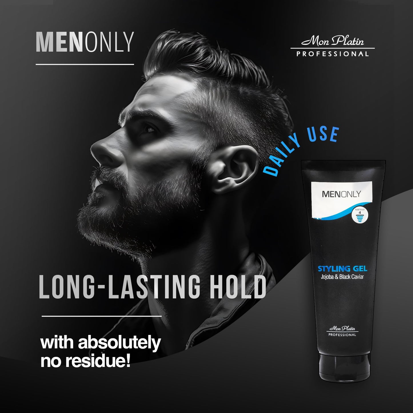 Mon Platin Men’s Styling gel with Jojoba & Black caviar – Men’s Hair Gel with Black Caviar and Jojoba, Strong Hold, Anti-Dandruff Formula, Keeps Hair Styled, Healthy, and Shiny 250ml