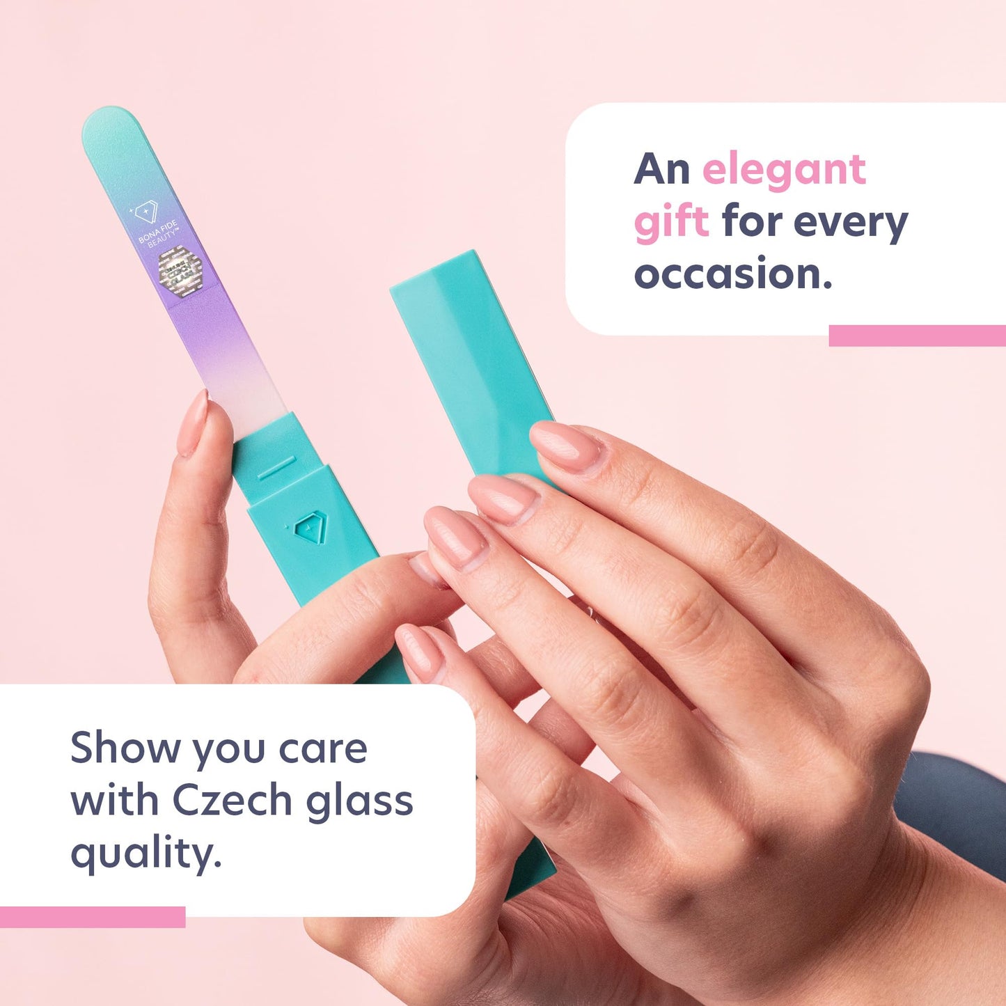 Bona Fide Beauty Czech Glass Nail File with Case, Pastel Green Violet Crystal File for Natural Nails. Nail Care Tool Gifts for Women