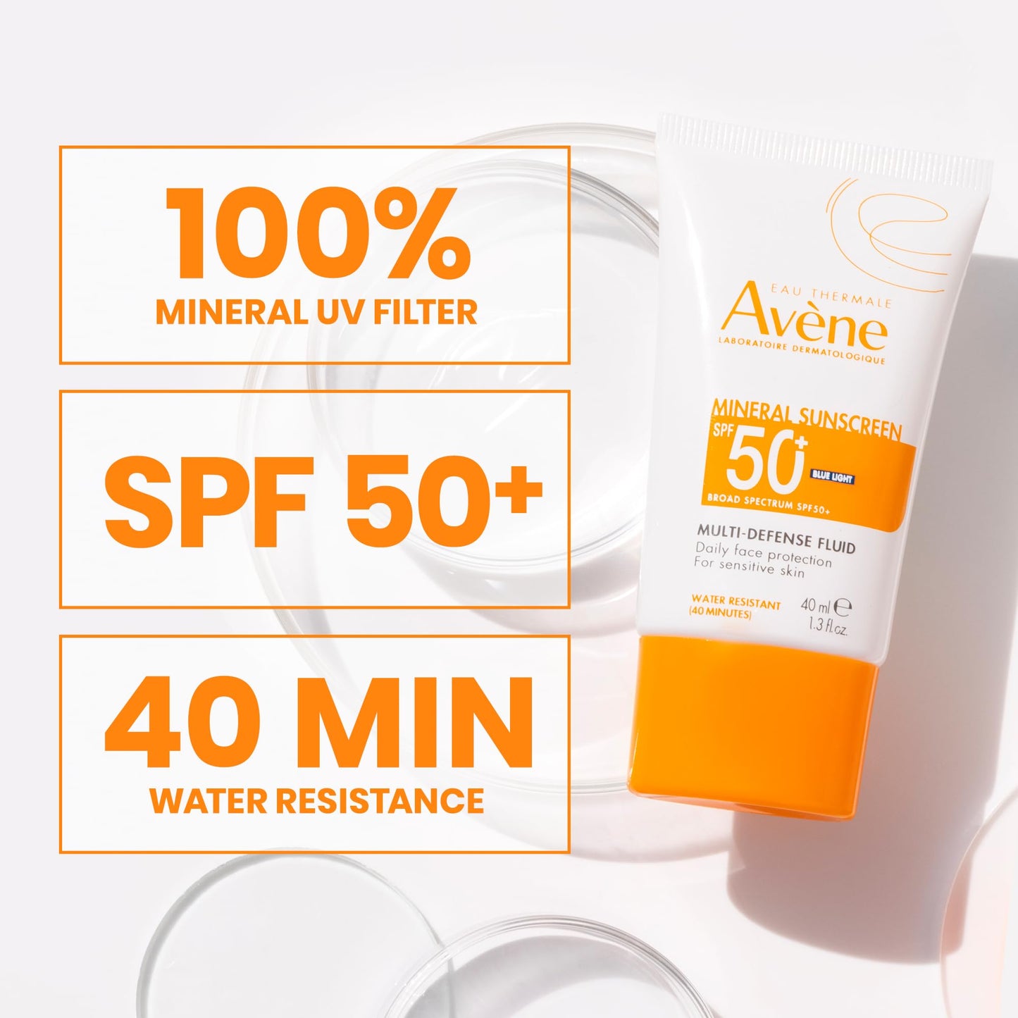 Avène Mineral Sunscreen Multi-Defense Fluid SPF 50+ - Tinted Sunscreen, 100% Mineral UVA/UVB Filter Sunscreen, Face SPF Tinted, Water Resistant, No White Residue, Fragrance Free for Sensitive Skin