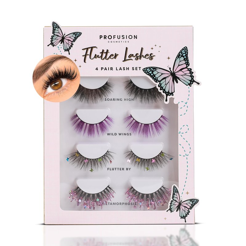 Profusion Cosmetics Empowered Butterfly Flutter Lashes 4 Pairs Eyelash Set – Soft Wispy & Glitter False Lashes with Thin Flexible Band, Reusable & All-Day Comfortable Wear