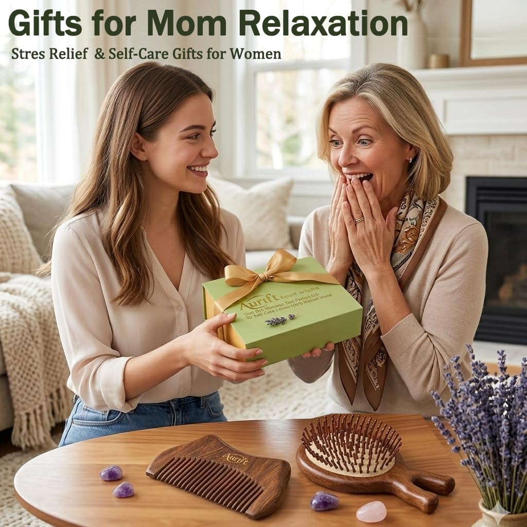 Mother’s Day Gift for Mom – Wooden Scalp Massager Brush & Comb Set, in Premium Gift-Ready Box – Natural Wood Head Massage Tool for Stress Relief, Relaxation & Self Care Gift for Women