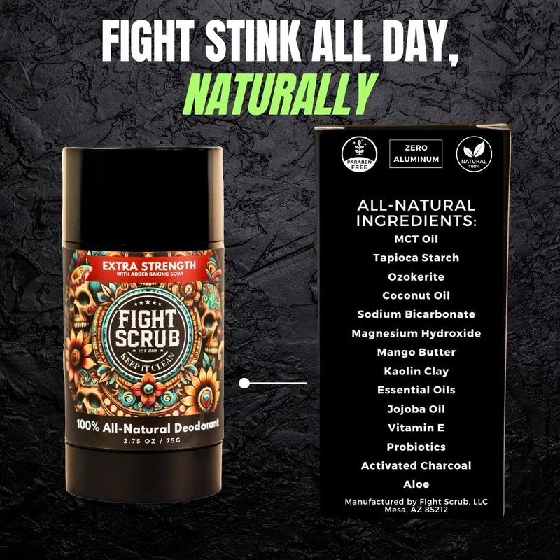 Fight Scrub Extra Strength Deodorant – Aluminum-Free, Baking Soda Formula for Athletes & Active Lifestyles – Long-Lasting Odor Protection – Handmade in the USA (2-Pack) (Mango + Coconut)