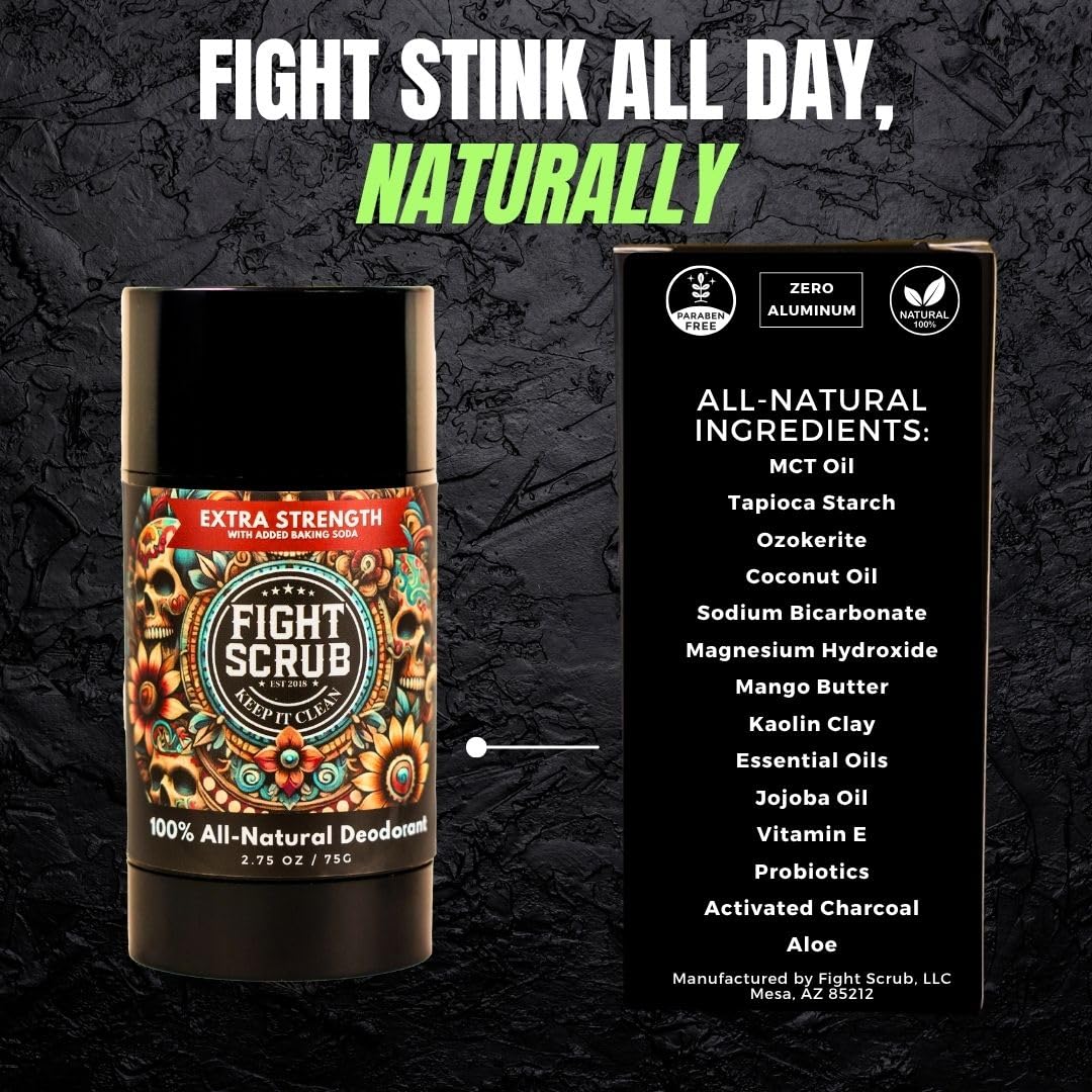 Fight Scrub Extra Strength Deodorant – Aluminum-Free, Baking Soda Formula for Athletes & Active Lifestyles – Long-Lasting Odor Protection – Handmade in the USA (2-Pack) (Unscented)