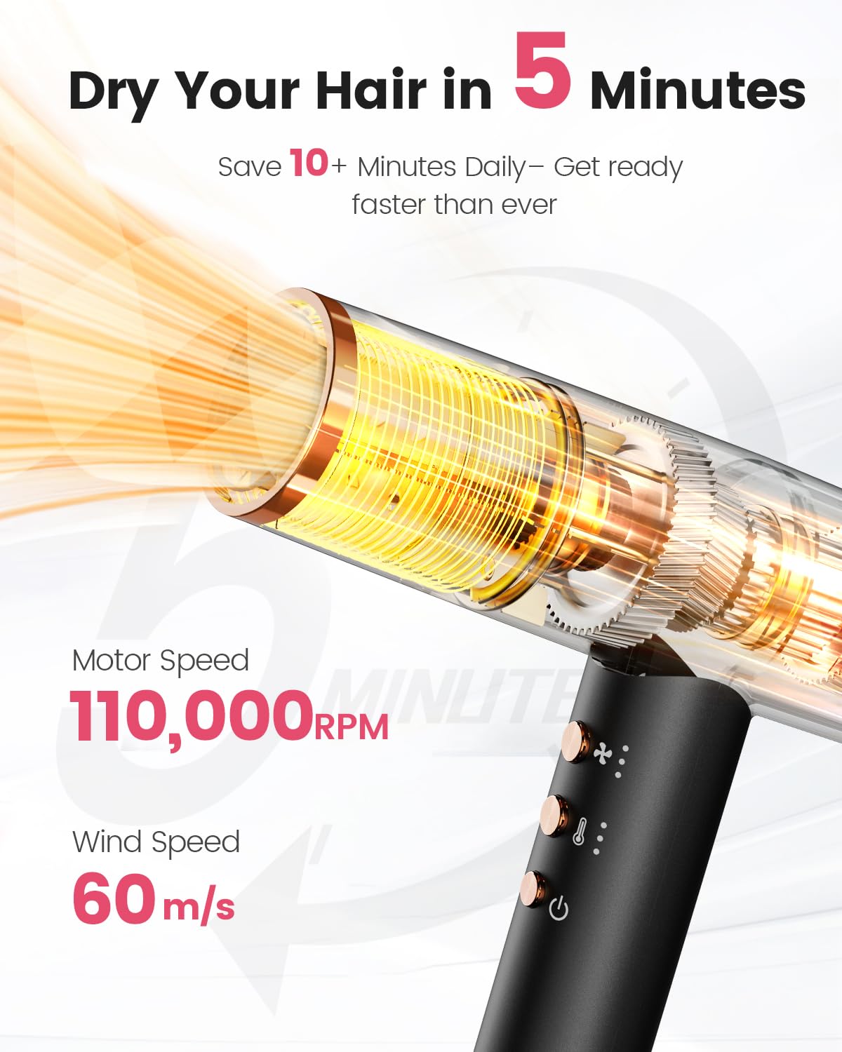 Dekuri Hair Dryer, 110,000 RPM High-Speed Professional Blow Dryer for Fast Drying, 200 Millions Ionic Lightweight Hairdryer with Magnetic Diffuser & Nozzle, Low Noise, 4 Temps & 3 Speeds, Starry Black