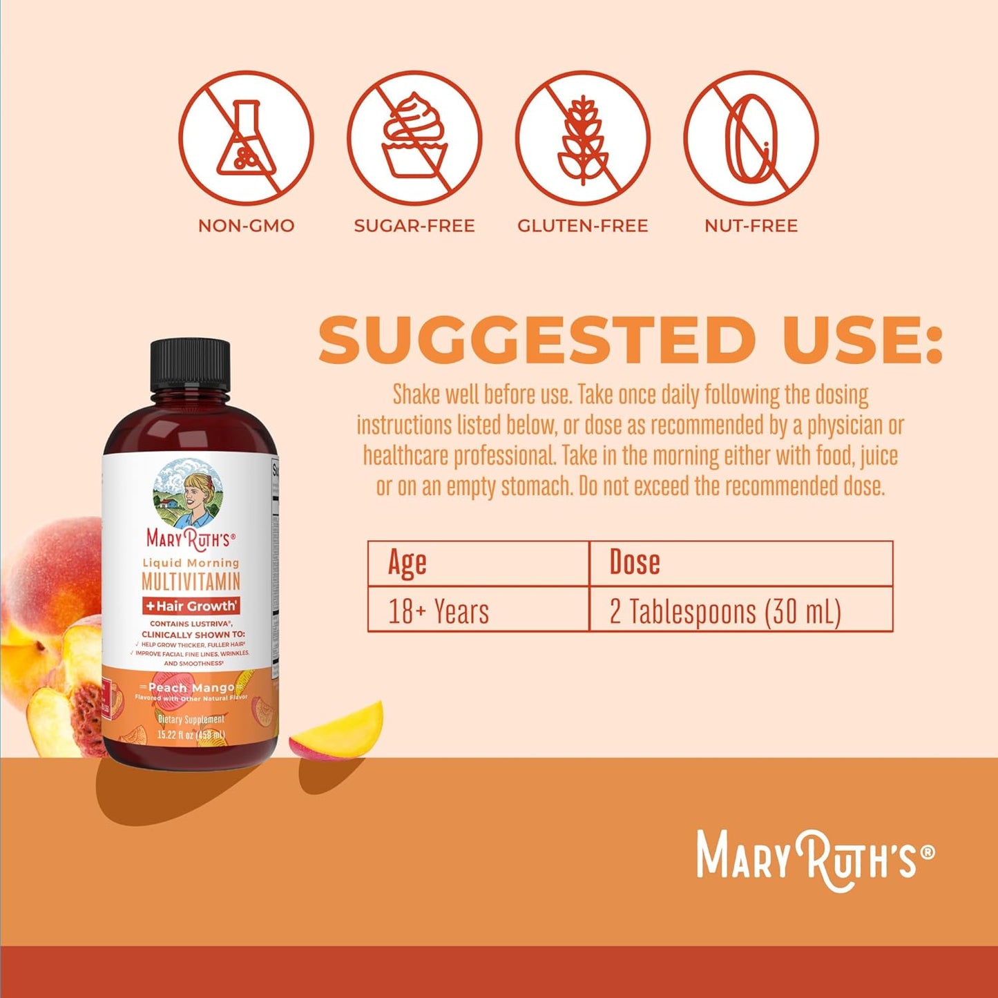 MaryRuth's Liquid Morning Multivitamin & Hair Growth Formula - Peach Mango, 15.22oz | Vegan, Non-GMO, Immunity Support