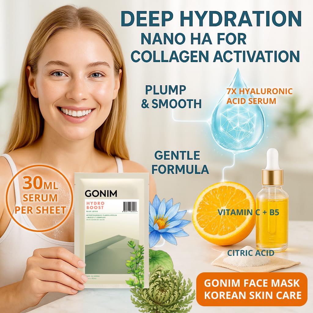 GONIM Korean Face Mask, Hydrating Face Mask Sheet with Hyaluronic Acid