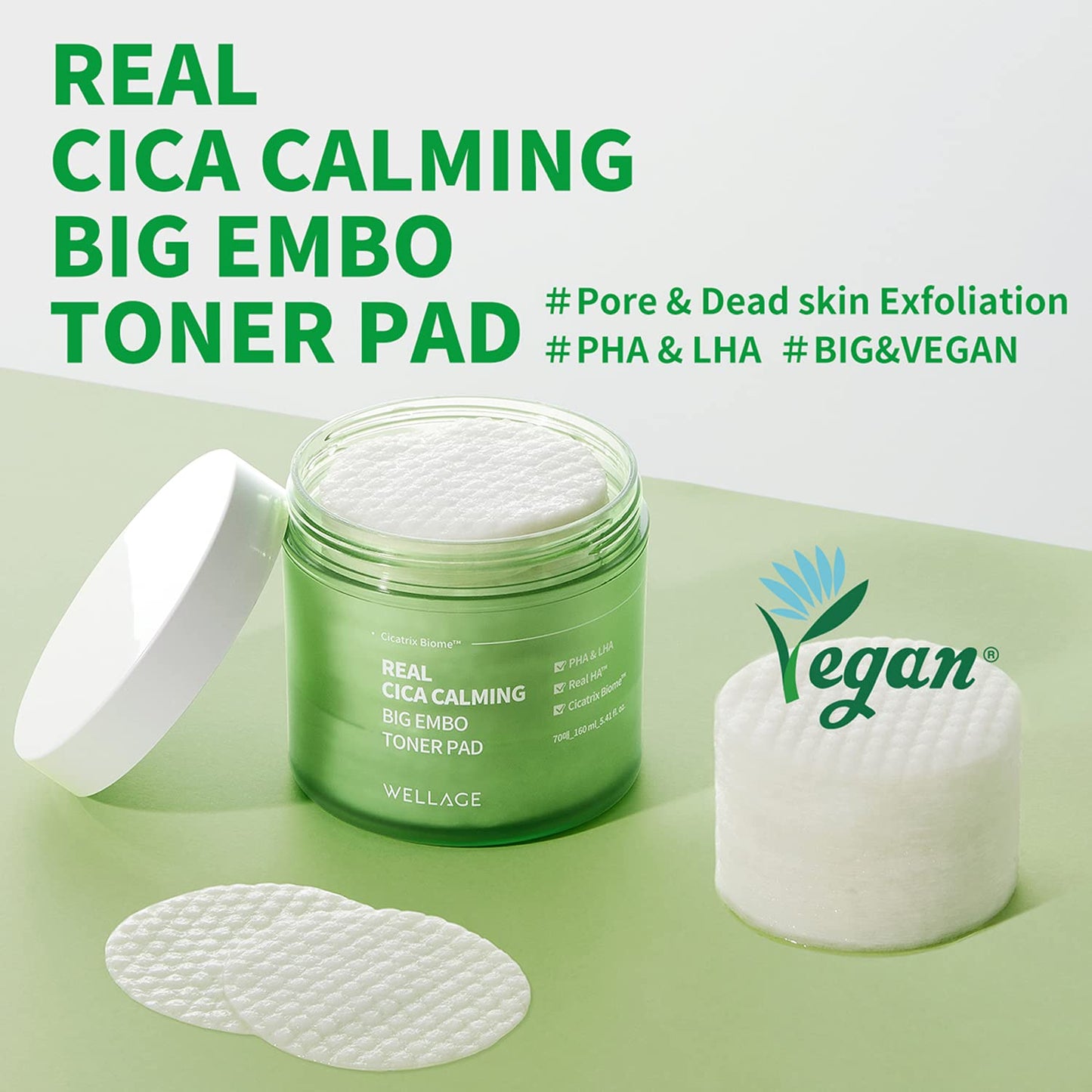 WELLAGE Real Cica Calming Zero Pore Toner Pads 70 Sheets Big Embo, Korean Beauty Facial Pads, Centella Asiatica, PHA, LHA, and Madecassoside, CICA for Soothing, Calming, and Hydrating