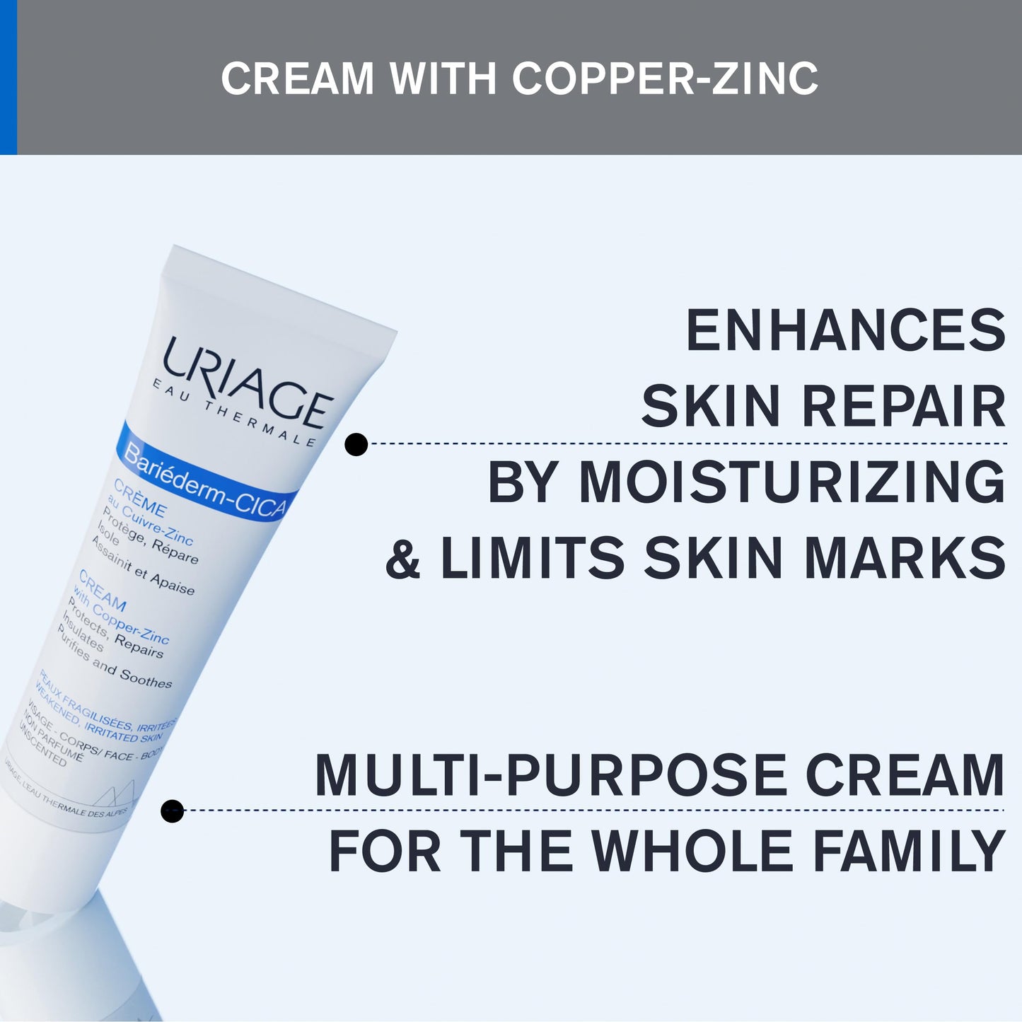 Uriage Bariéderm-CICA Multi-Purpose Restoring Cream with Copper-Zinc & D-Panthenol, Enhances Skin Repair, For All Ages & Skin Types, Fragrance-Free