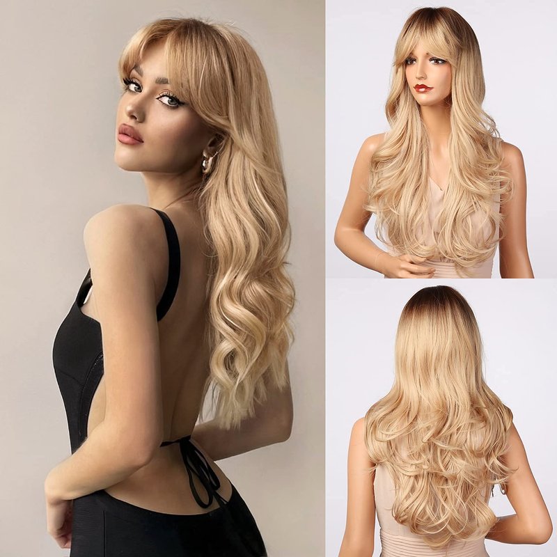 Blonde Wig with Bangs - Long Wavy Ombre Synthetic Hair | Light Ash Blonde with Dark Roots, Perfect for Halloween & Christmas