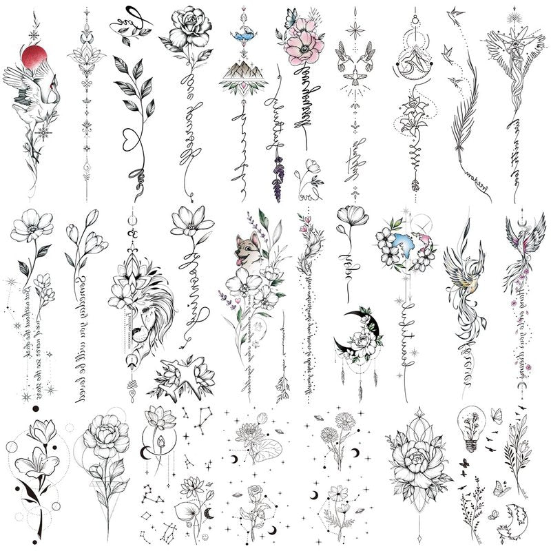 Oottati Waterproof Temporary Tattoo 10 Sheets of Simple Flower Leaf Moon Line Drawing Suit for Back Arm Women and 7 Sheets of Small Flower