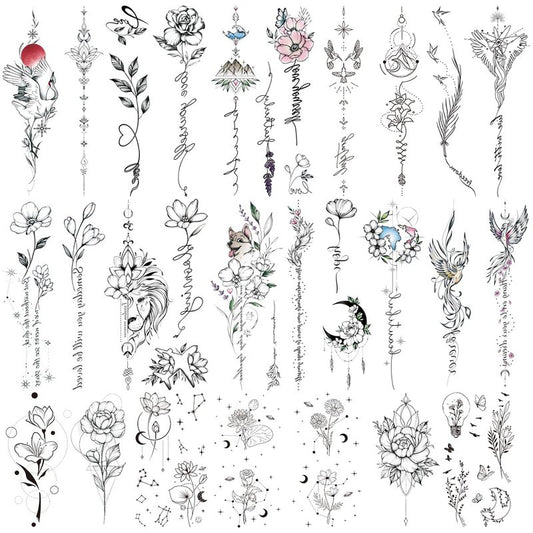 Oottati Waterproof Temporary Tattoo 10 Sheets of Simple Flower Leaf Moon Line Drawing Suit for Back Arm Women and 7 Sheets of Small Flower