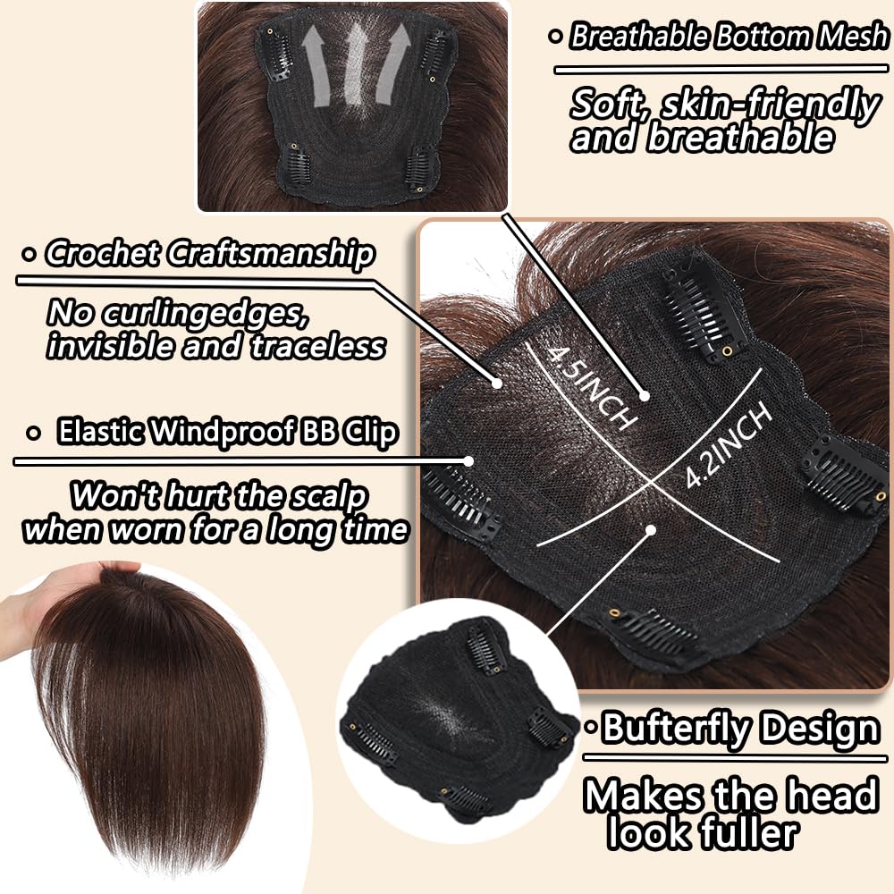 HVVZOY Hair Toppers for Women Real Human Hair, 360° 3D Real Human Hair Toppers for Women with Thinning Hair Clip in Bangs Big Coverage 12 Inch Hairpieces (1B, 3D Wispy Bangs)