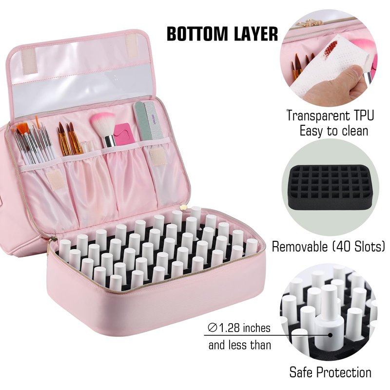 GR69N Nail Polish Organizer Case,Nail Polish Holder Holds 1 Nail Lamp & 50 Bottles,Nail Tech Travel Case,Waterproof Nail Kit Organizer Bag Fits Nail Supplies & Manicure Tools (Pink)