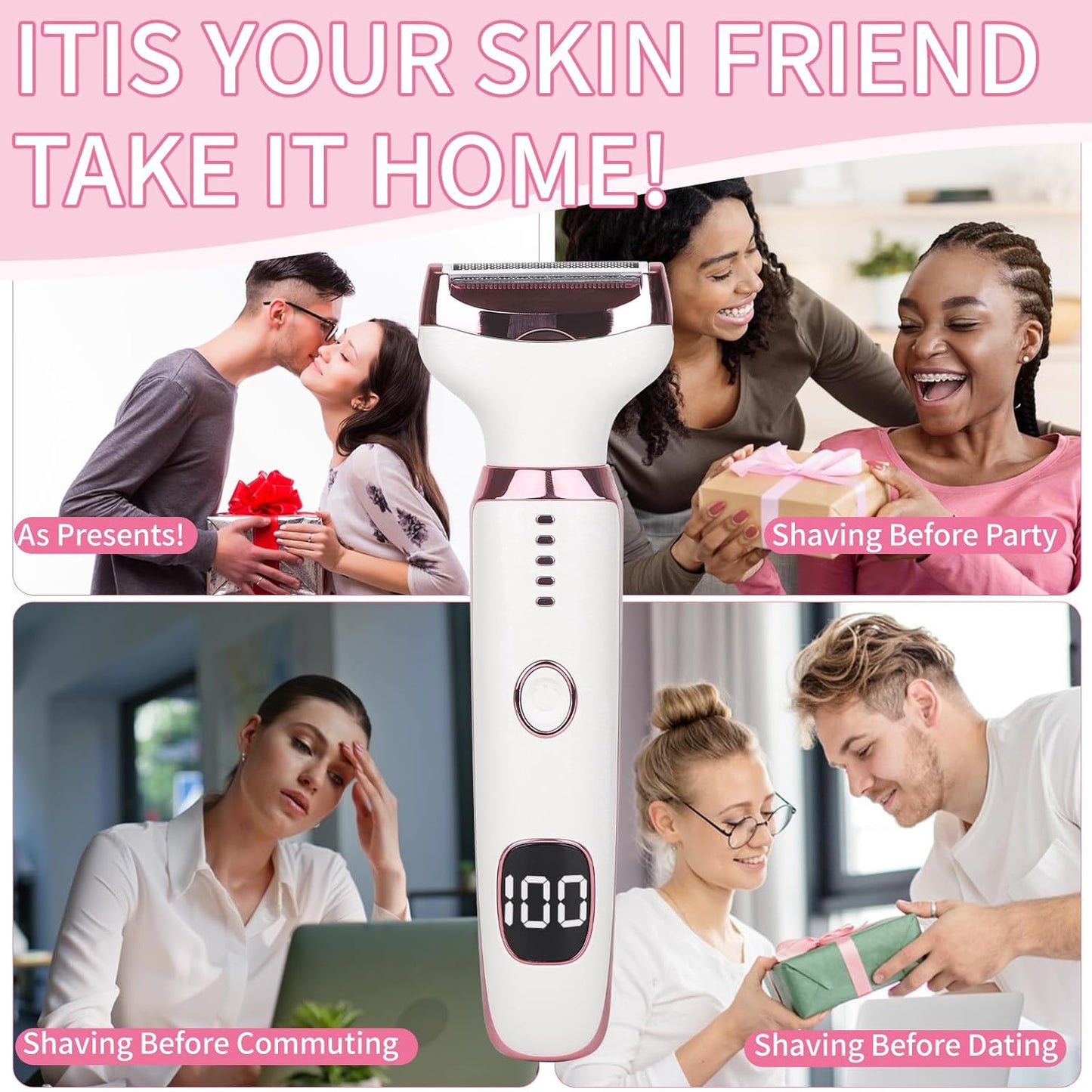 Electric Razor for Women & Men - 4-in-1 Wet & Dry Hair Removal Kit with LED Display | Rechargeable Facial & Body Groomer (Multicolor)