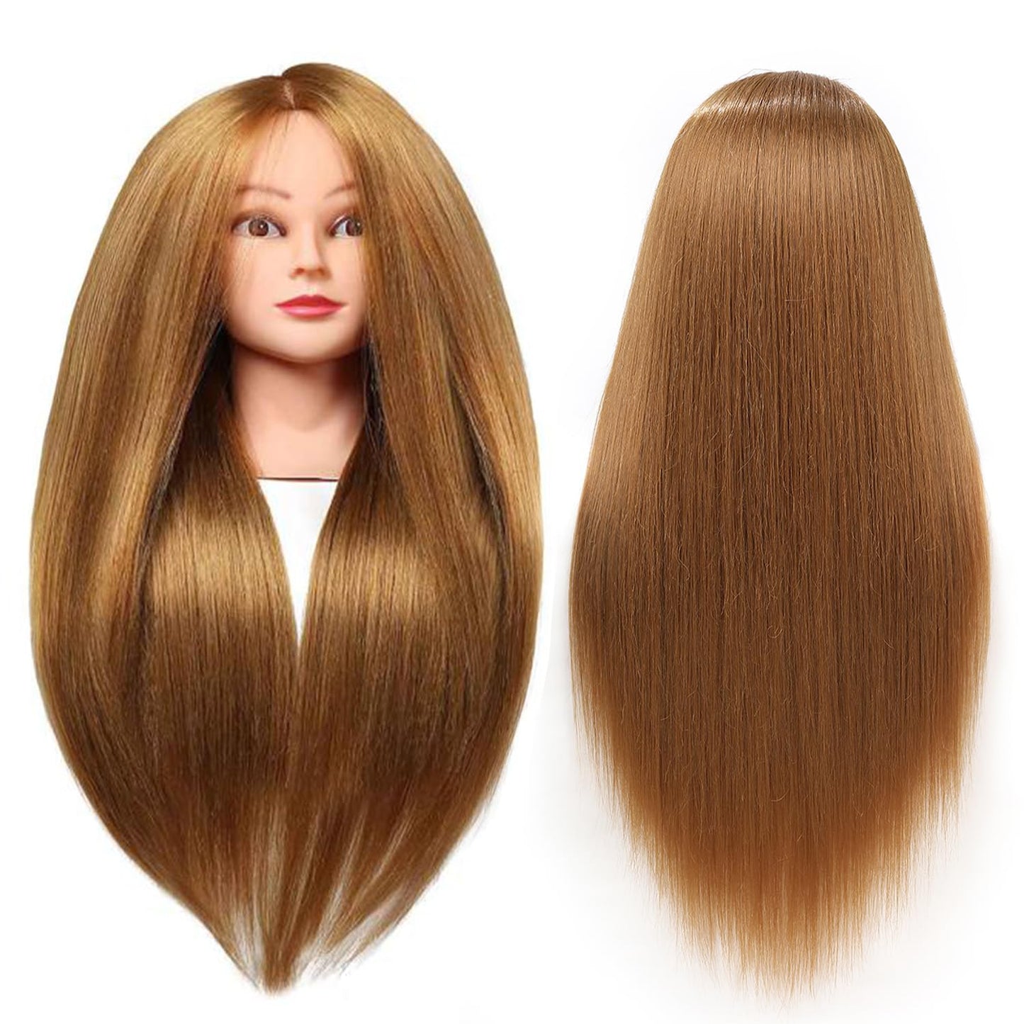 26"-28" Long Hair Mannequin Head with 60% Real Hair, Hairdresser Practice Training Head Cosmetology Manikin Doll Head with 9 Tools and Clamp - #27 Golden, Makeup On
