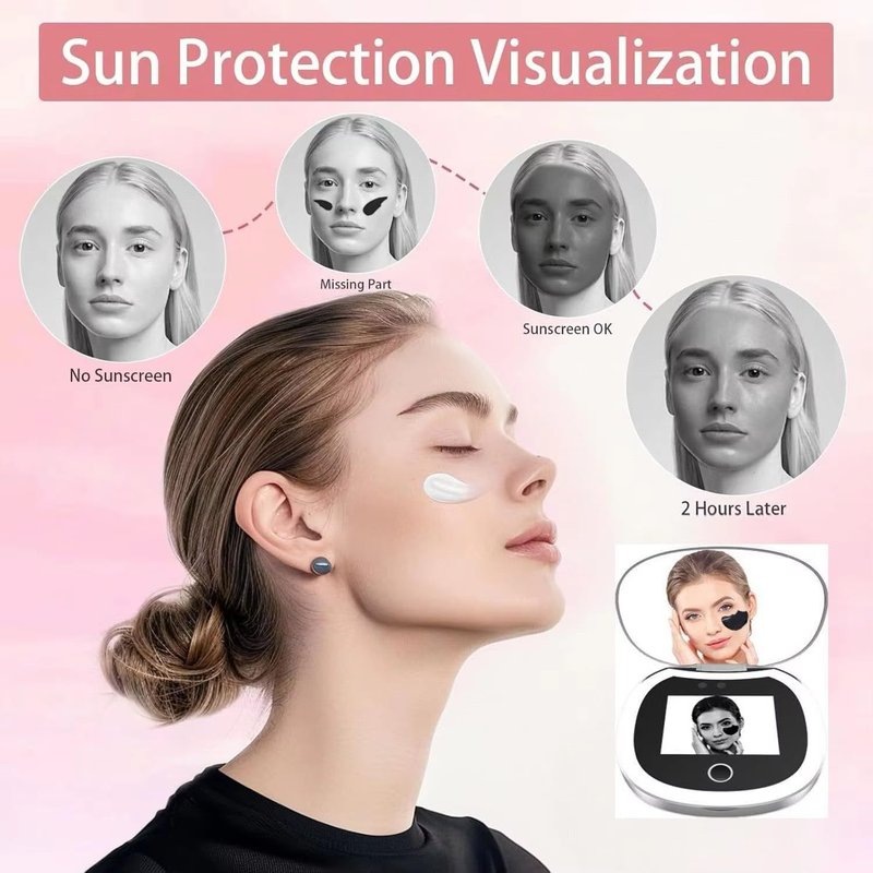 Portable LED Beauty Mirror - Smart UV Sunscreen Tester & 360° Adjustable Camera for Skin Protection | Ideal for Travel & Makeup
