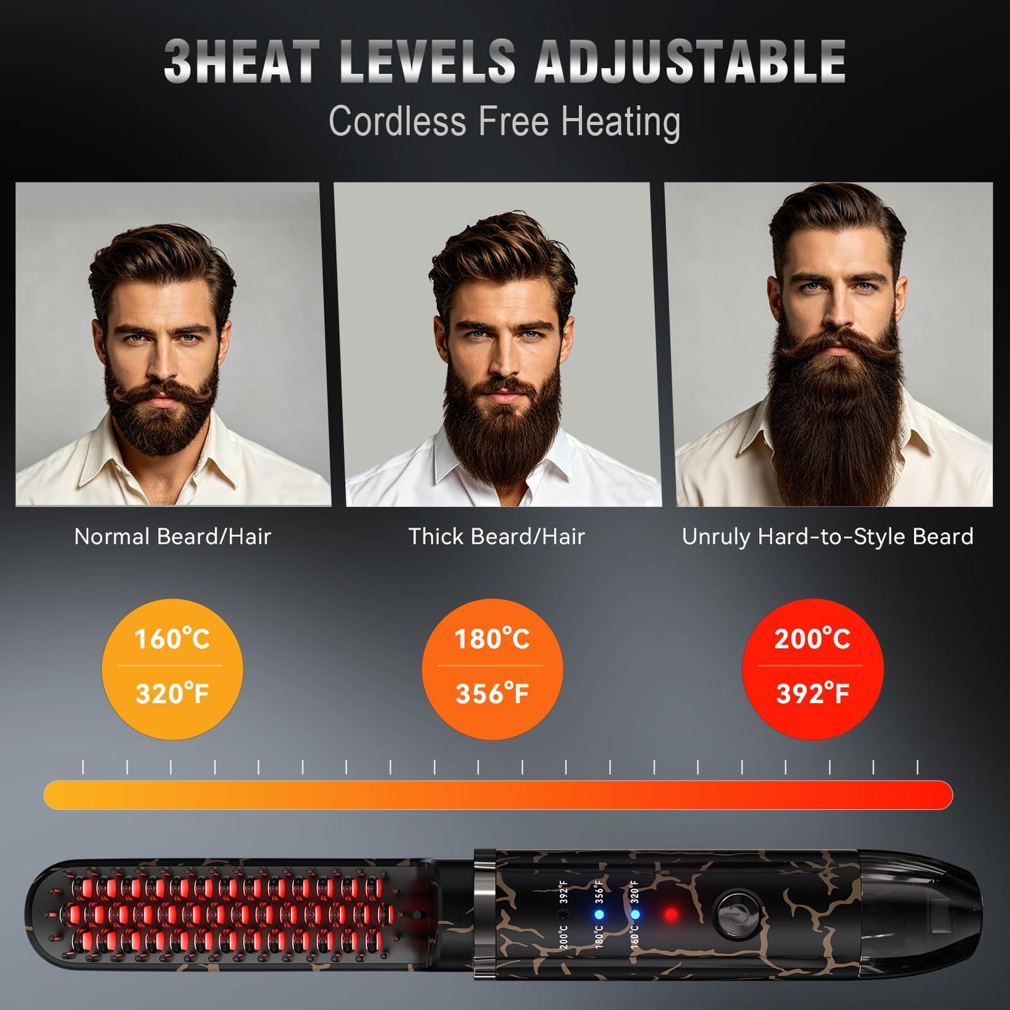 Beard Straightener for Men, Cordless Beard Heated Brush and Hair Straightener Hot Comb with 3 Temp Settings, Anti-Scald, Ionic Technology for Home Travel