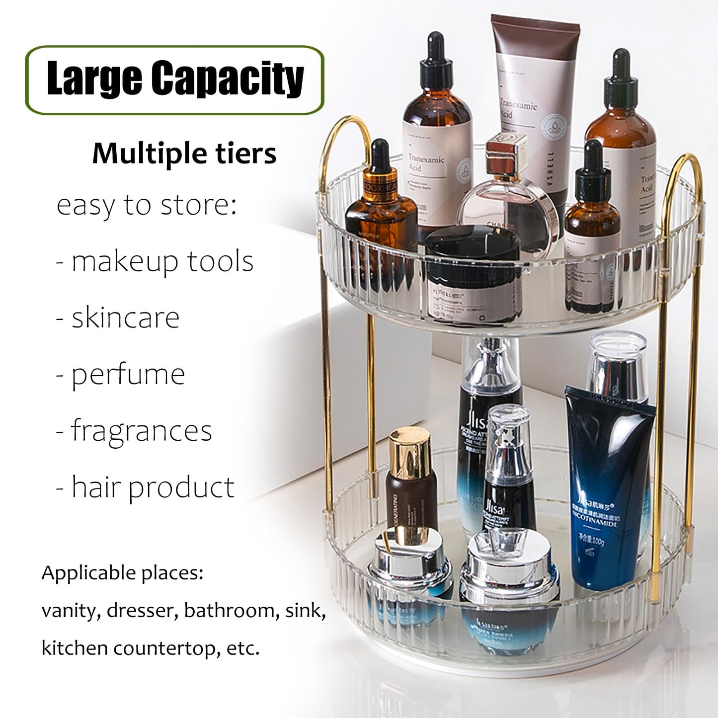 Zufudo Rotating Makeup Organizer Countertop 2 Tier Lazy Susan Trays Clear Skincare Perfume Storage for Bathroom Counter Vanity, Transparent