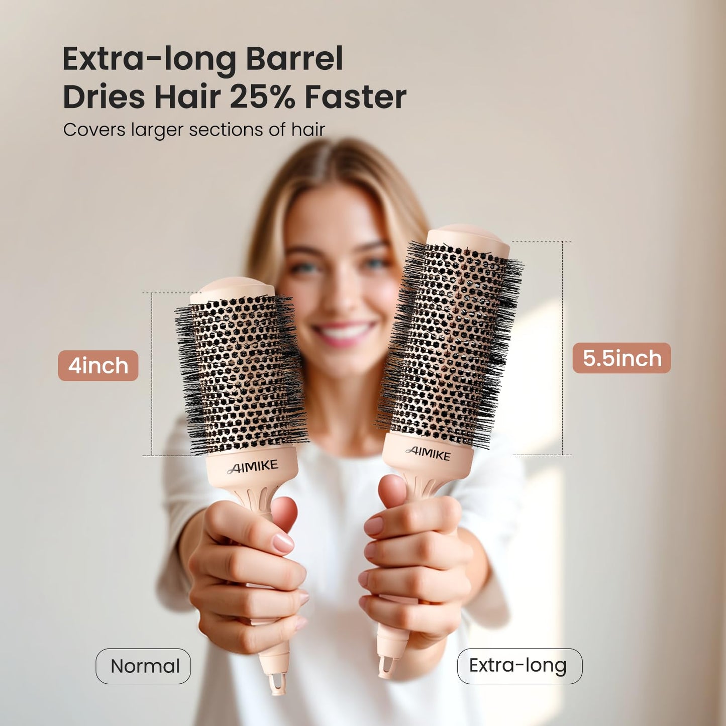 AIMIKE Round Brush for Blow Out, Extra Long Round Hair Brush w/Nano Thermal Ceramic & Ionic Tech, for Blow Drying & Styling, Curling and Shine - Barrel 2.1 inch