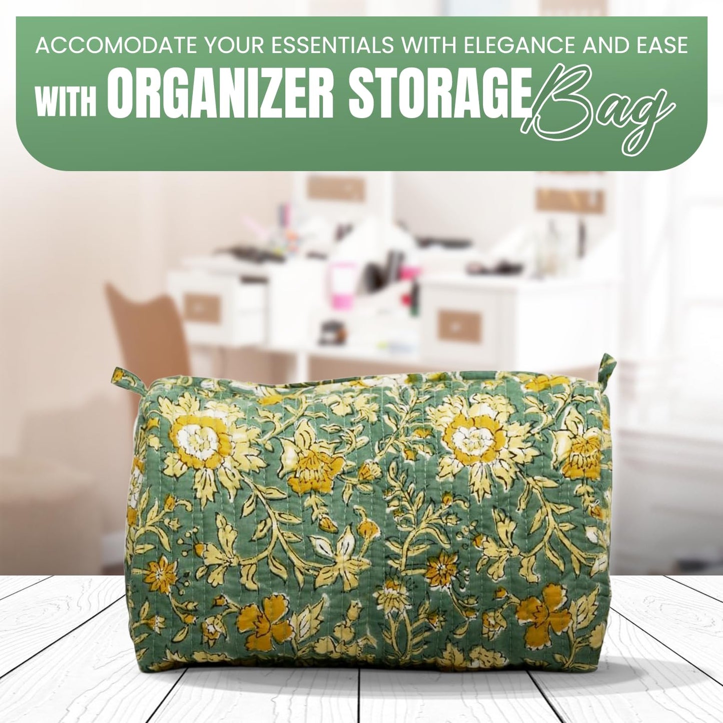 Cotton Hand Block Floral Print Toiletry Bag For Women Make Up Cosmetic Bag Jewelry Organizer Kit Storage Case Travel Accessories Essential Toiletries Purse Pouch (Green - Set of 3, Small Medium Large)