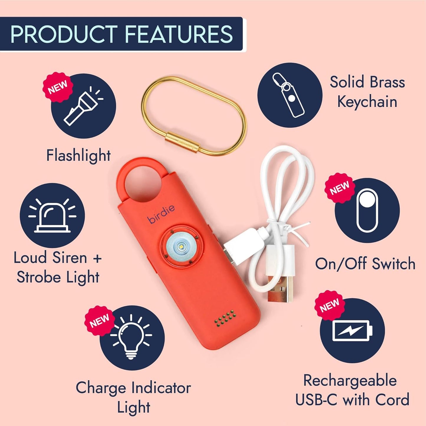 Personal Safety Alarm for Women - Loud Siren, Flashlight & Rechargeable Battery | Coral Orange