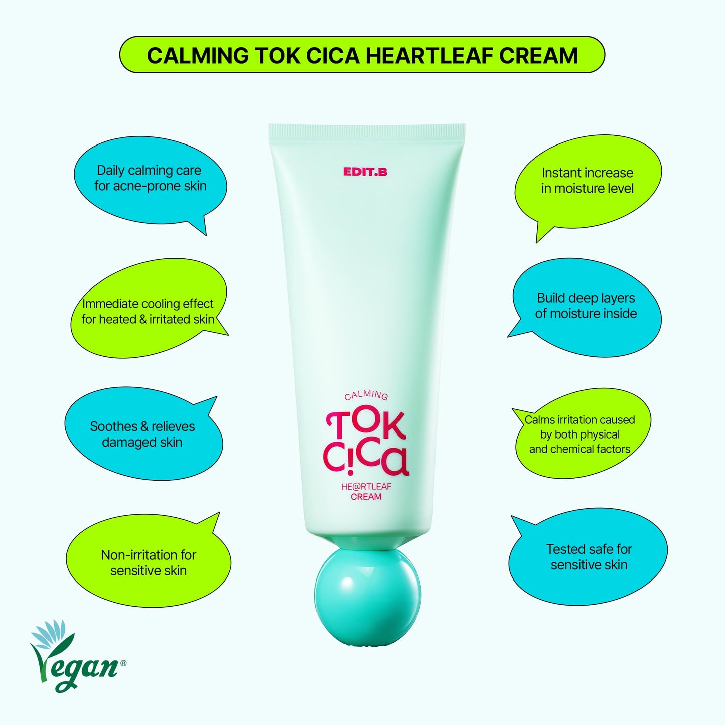 EDIT.B Calming Tok Cica Heartleaf Cream, Instant Cooling & Deep Hydrating Facial Cream for Sensitive Skin, Lightweight Soothing & Relief Moisturizer, Korean Daily Skin Care (3.38 fl.oz. / 100ml)