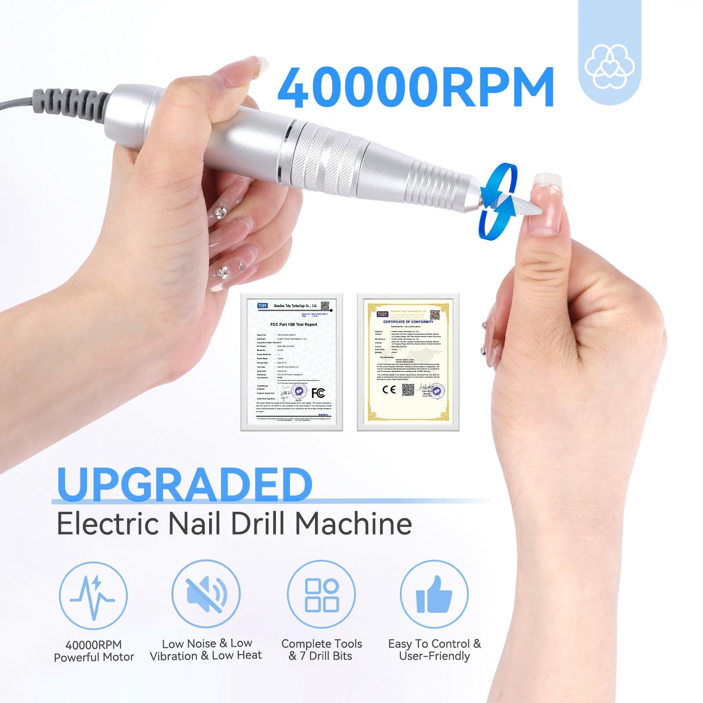 SAVILAND Nail Drill Professional: 40000RPM Nail Drill Machine, Faster Removel Any Acrylic Nails, Powerful & Anti Shaking for Nail Salon & Pedicure