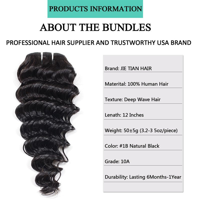 JTdebade Deep Wave Human Hair 4 Bundles 12 Inch Human Hair 100% Unprocessed Virgin Hair 12A Grade Natural Color Hair Extensions for Black Women(12'' 12'' 12'' 12'')