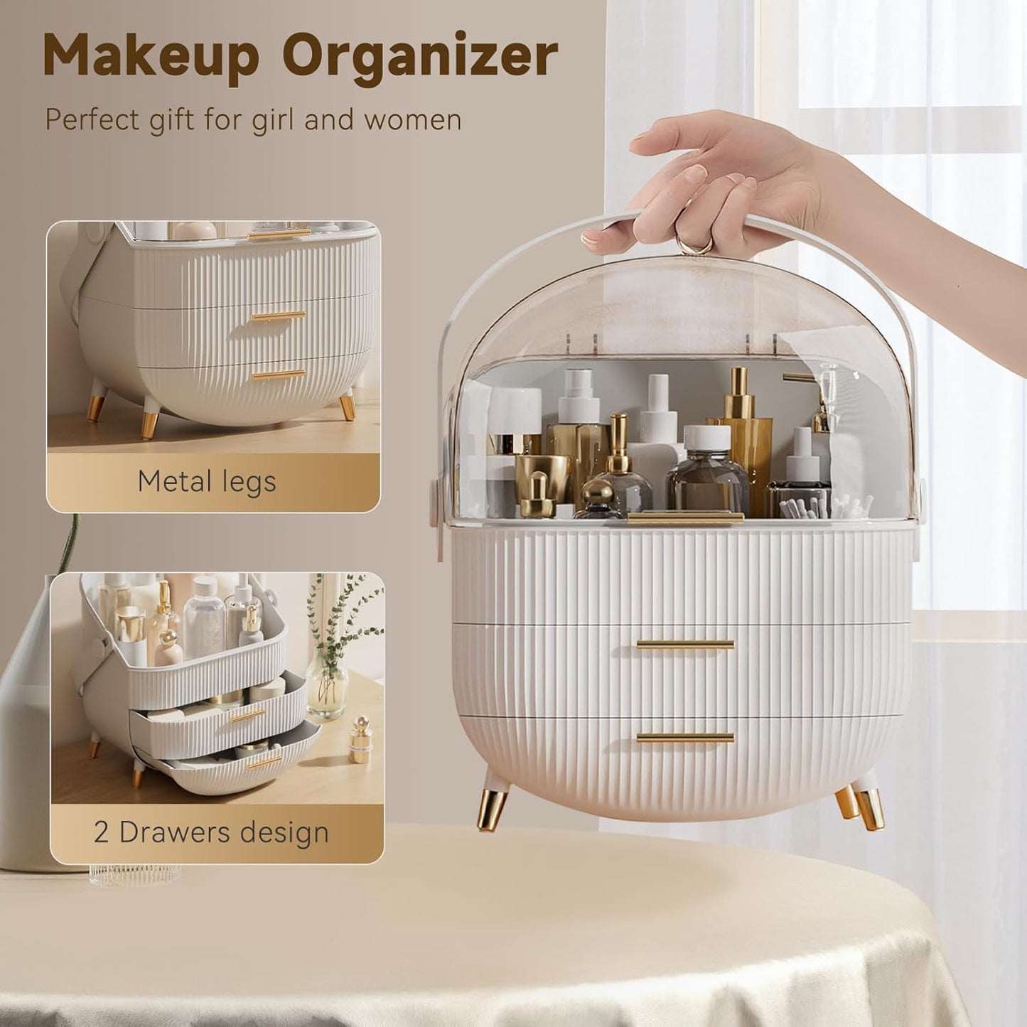 Makeup Organizer for Vanity - Countertop Cosmetic Storage with Drawers & Clear Cover | White