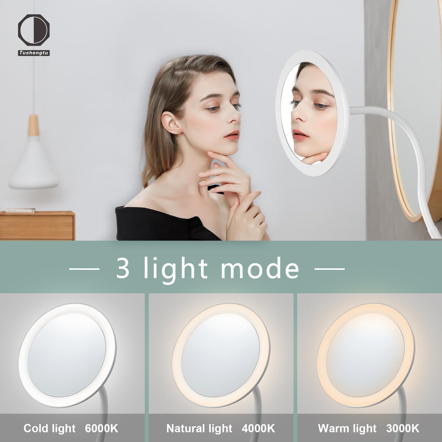 TUSHENGTU 6.5" Clip-On Magnifying Vanity Mirror - 5X Magnification, USB Rechargeable, Lighted, Travel-Friendly (White)