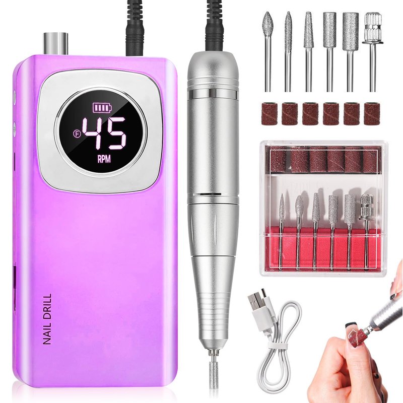 RYUNVOVO Electric Nail Drill Professional, 45000 RPM Rechargeable Nail Drill Kit, Electric Nail File for Acrylic, Manicure & Pedicure & Polishing Tools for Home Salon, Pink