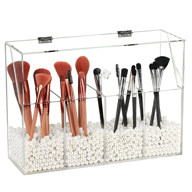 Vevitts Acrylic Makeup Organizer, Clear Cosmetic Brush Storage Box With 4 Brush Holders (Pearl not included),Makeup Brush Holder with Dust Cover, Large-capacity Split Design Organize the Desktop