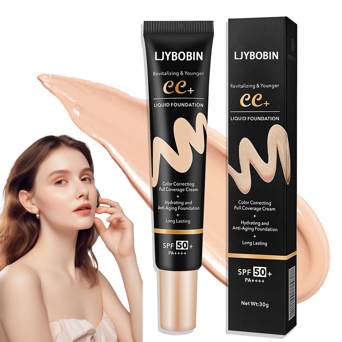 Hydrating CC Cream with Makeup Sponge,Waterproof Flawless Concealer Full Coverage BB Cream and Loose Setting Powder,Long Lasting Full Coverage Liquid Foundation for Men & Women（3 Pcs）