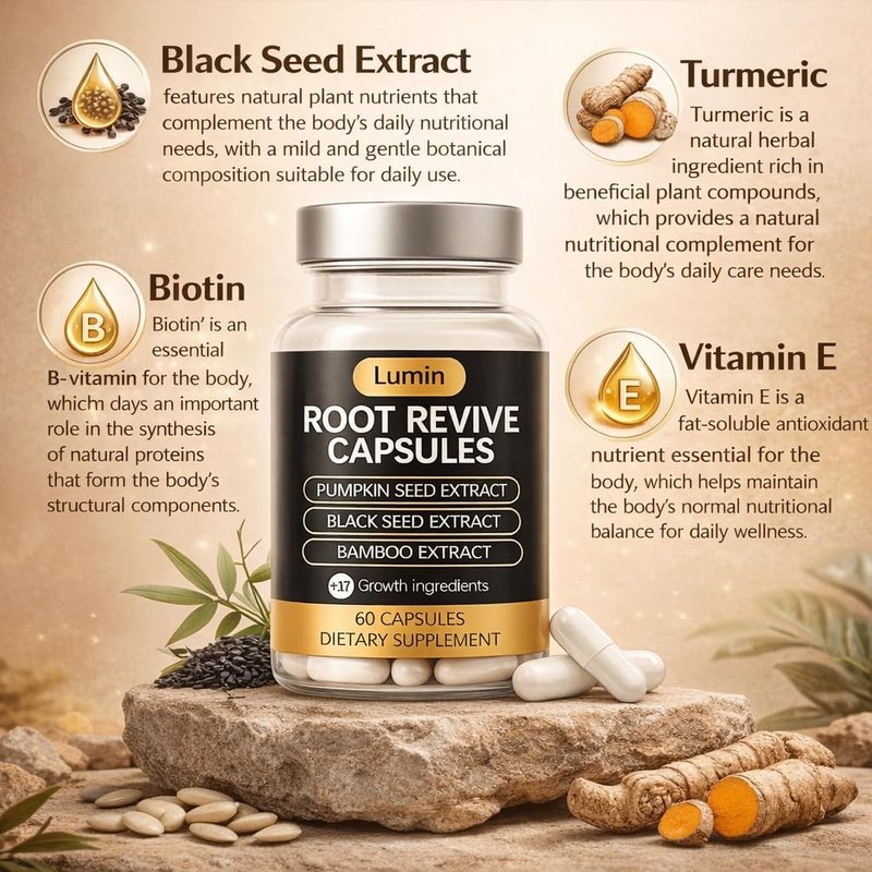 Lumin Root Revive Capsules – Hair Support Supplement for Thinning Hair, Healthy Scalp & Thickness – With Biotin, Black Seed, Bamboo, Saw Palmetto & 17 Nutrient-Rich Ingredients (1)