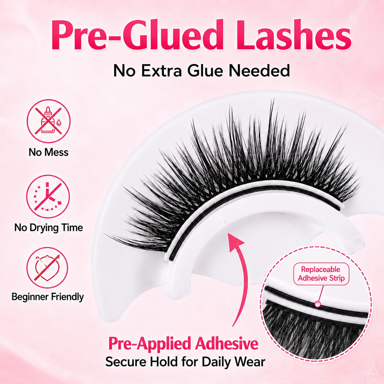 JOMAY Self Adhesive Eyelashes, Pre-Glued No Glue Needed Lashes, Reusable Up to 5x 3D Super Fluffy Wispy Cat Eye False Lashes, Easy Press-On Strip Lashes, 3 Pairs, Dream Girl