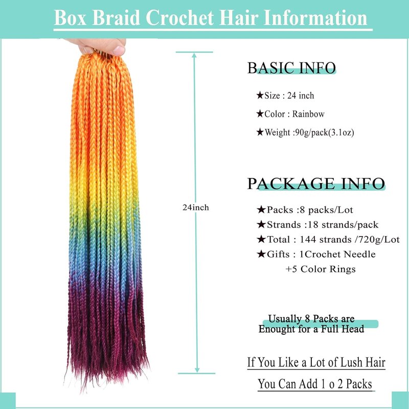 Crochet Box Braids - 24 Inch Prelooped Rainbow Ombre Goddess Hair | 8 Packs Synthetic Braiding Extensions for Black Women