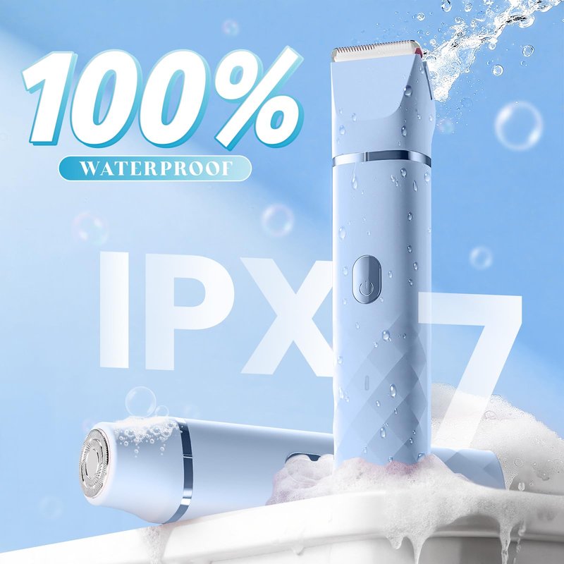 Bikini Trimmer for Women, IPX7 Waterproof, Painless Rechargeable Electric Razor Remover, 2-in-1 Facial & Pubic Hair Removal for Sensitive Skin, Portable Travel Size, Women’s Gift, Blue Blue
