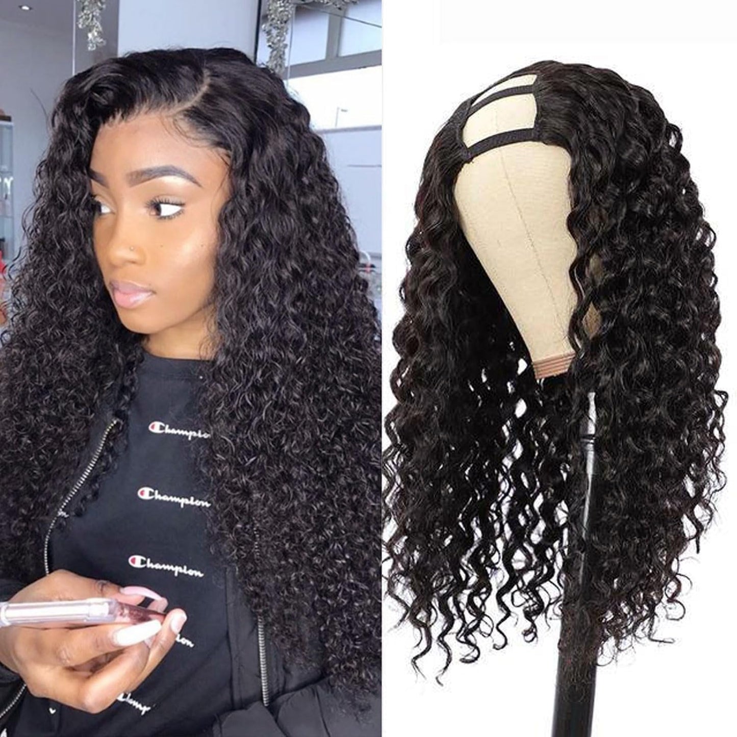 huarisi U Part Wig Human Hair for Women, 100% 10A 1b Brazilian Hair Straight, Glueless Full Head Clip in Half Wigs U Shape Wigs, 150% Density Natural Color (10 Inch)