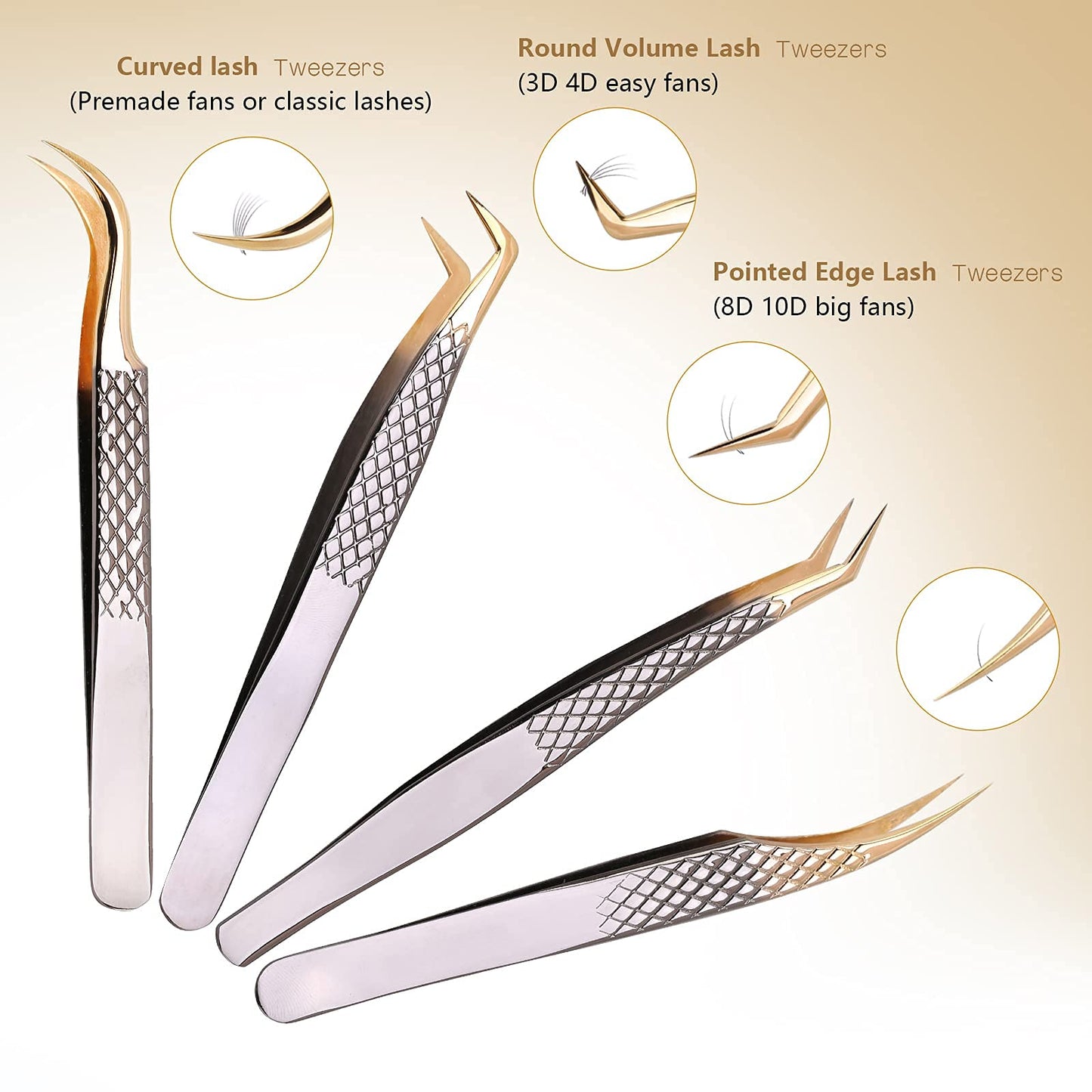 Arclon Lash Eyelash Extension Tweezers Set 4Pcs,Professional Eyelash Applicator Tool,Straight and Curved Precision Stainless Steel Tweezers Lash Extension Supplies(Black Gold)