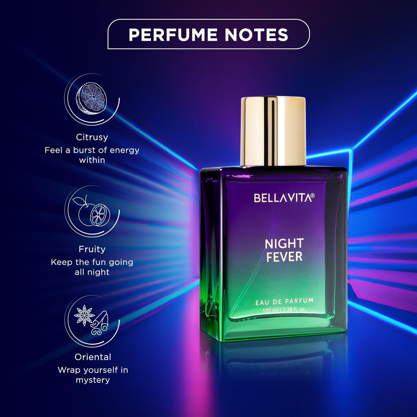 Bellavita Luxury Night Fever Eau de Parfum | 100 ml (3.4 fl.oz.) | Perfume for Men and Women | Oriental Fruity, Orange, Peach, and Musk Notes | Long Lasting Unisex Fragrance