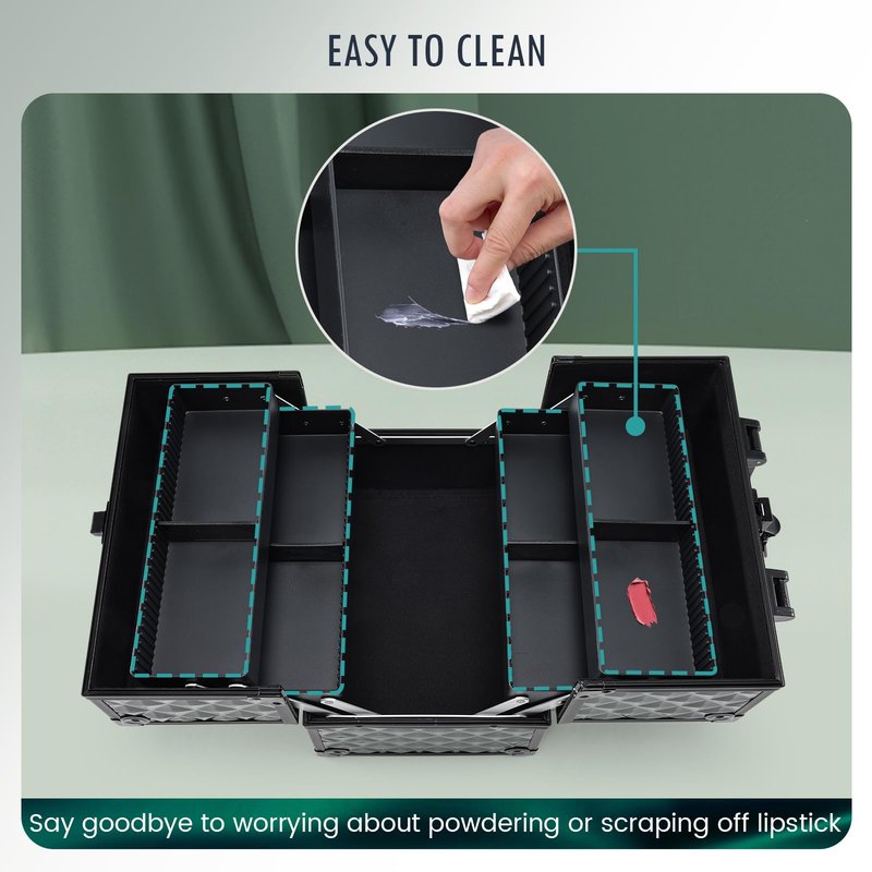 FRENESSA Makeup Case Makeup Box Cosmetic Train Cases Portable Make Up Artist Travel Case Storage Box 4 Trays with Dividers Lockable Hard Makeup Box Craft Nail Kits Case Drak Green