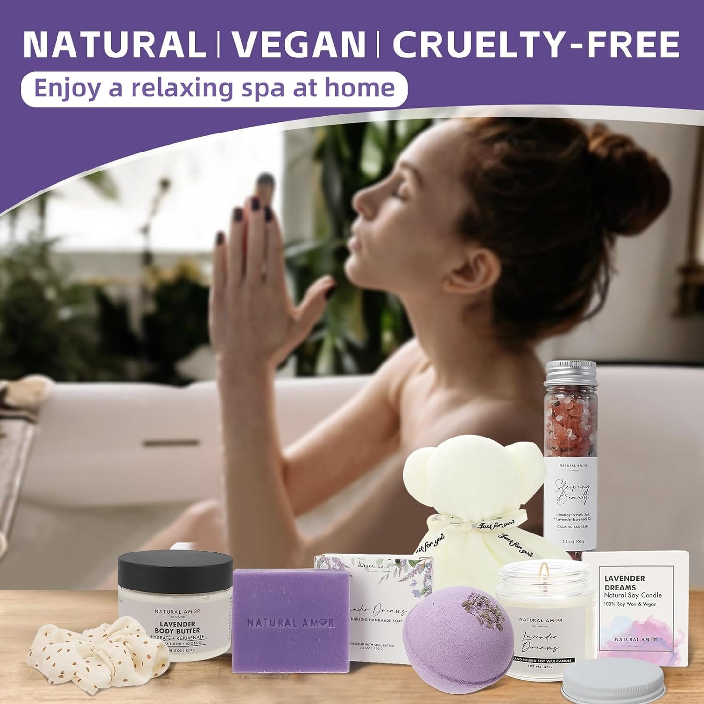 Lavender Spa Gift Set for Women - 7-Piece Self-Care Box with Handmade Soap, Candle & Bath Butter