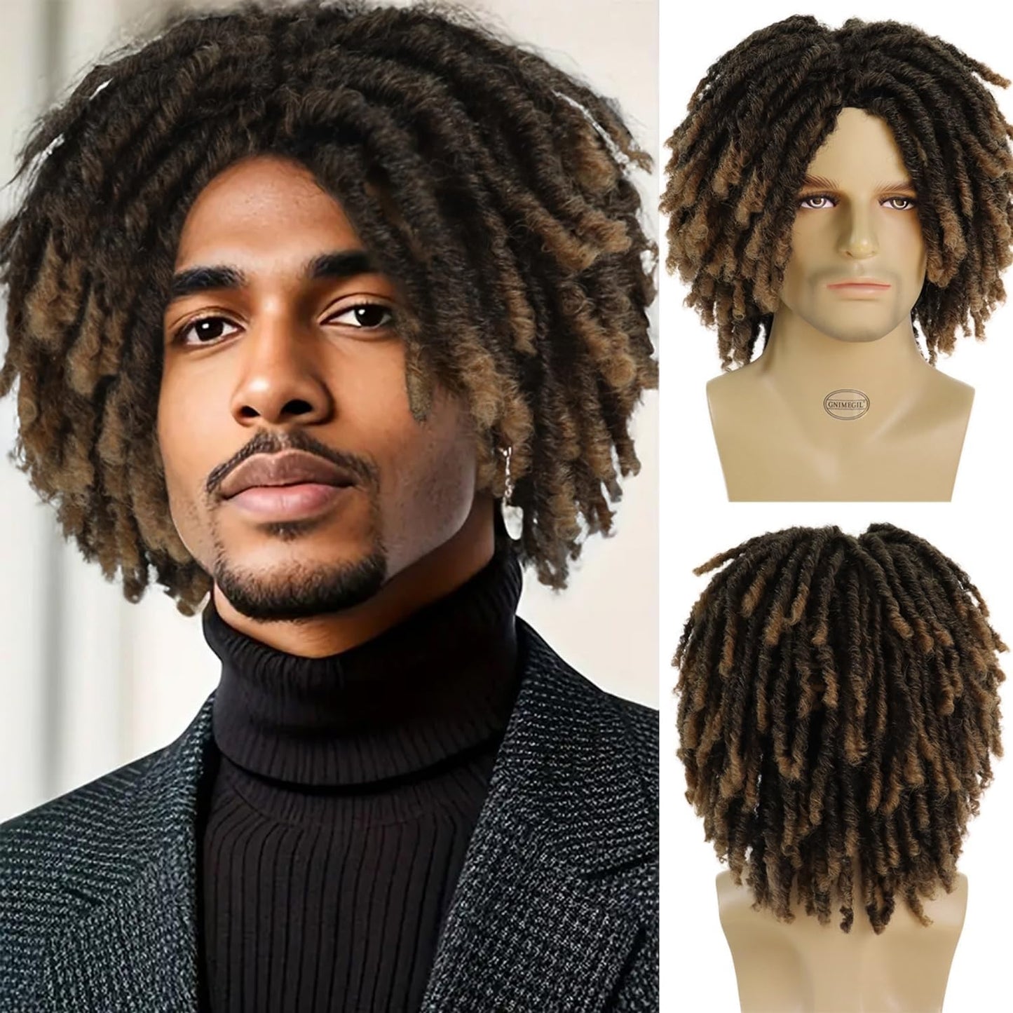 **14 Inch Short Dreadlocks Wig for Men - Ombre Light Brown Afro Bob | Natural Synthetic Hair, Breathable Cap**