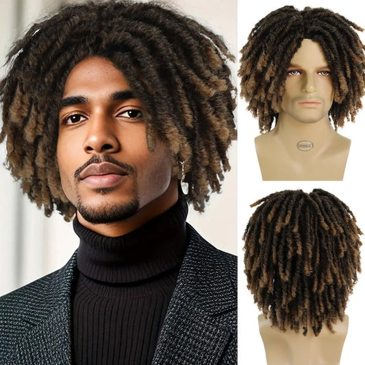 **14 Inch Short Dreadlocks Wig for Men - Ombre Light Brown Afro Bob | Natural Synthetic Hair, Breathable Cap**