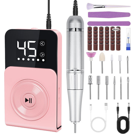 Urbuti Nail Drill, Professional 45000RPM Electric Nail File with 12 Drill Bits Remover Gel Nail Polish Acrylic Nails Manicure for Salon Home(Pink)