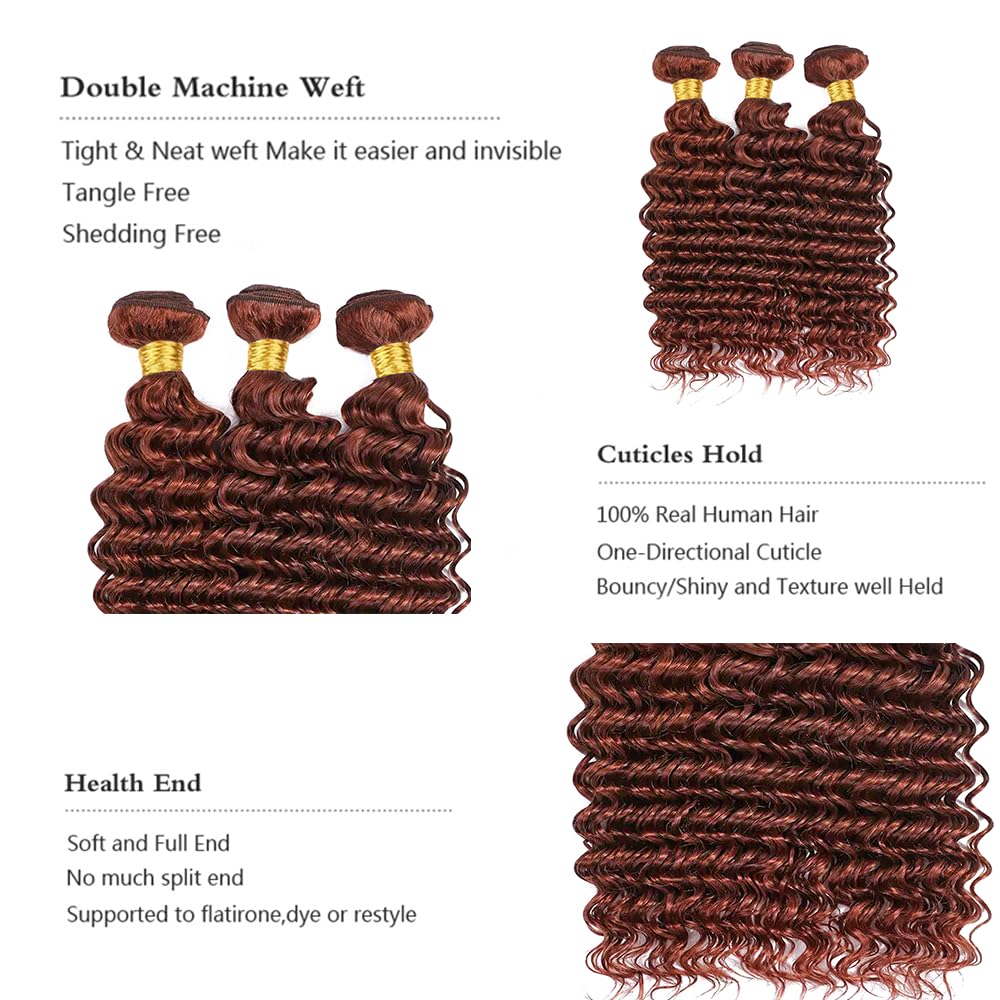 Niciitysi Color 33 Human Hair Reddish Brown Deep Wave Bundles 8 10 12 inch Double Weft Brazilian Copper Red Hair Extensions Auburn Deep Curly Bundles Silky Soft for Women