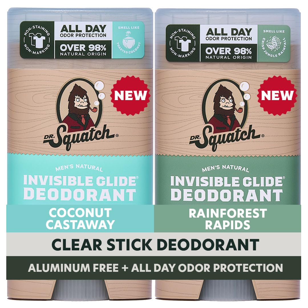 Dr. Squatch Natural Men's Deodorant - Invisible Glide, Aluminum-Free | Coconut Castaway & Rainforest Rapids, 2.65oz (2-Pack)