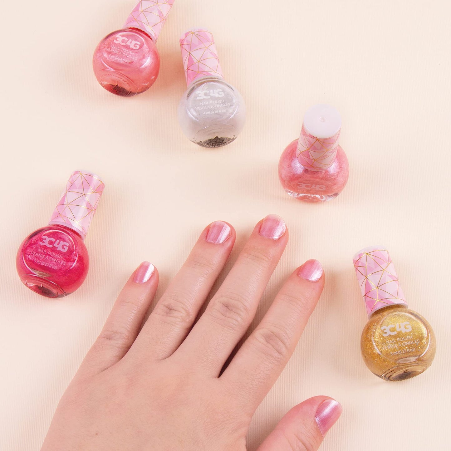 3C4G Pink and Gold Hexagon 5 Pack Nail Polish - Shimmer Nail Polish Set for Girls & Teens - Includes 5 Colors - Non-Toxic Nail Polish Kit for Kids - Ages 8+ by Make It Real