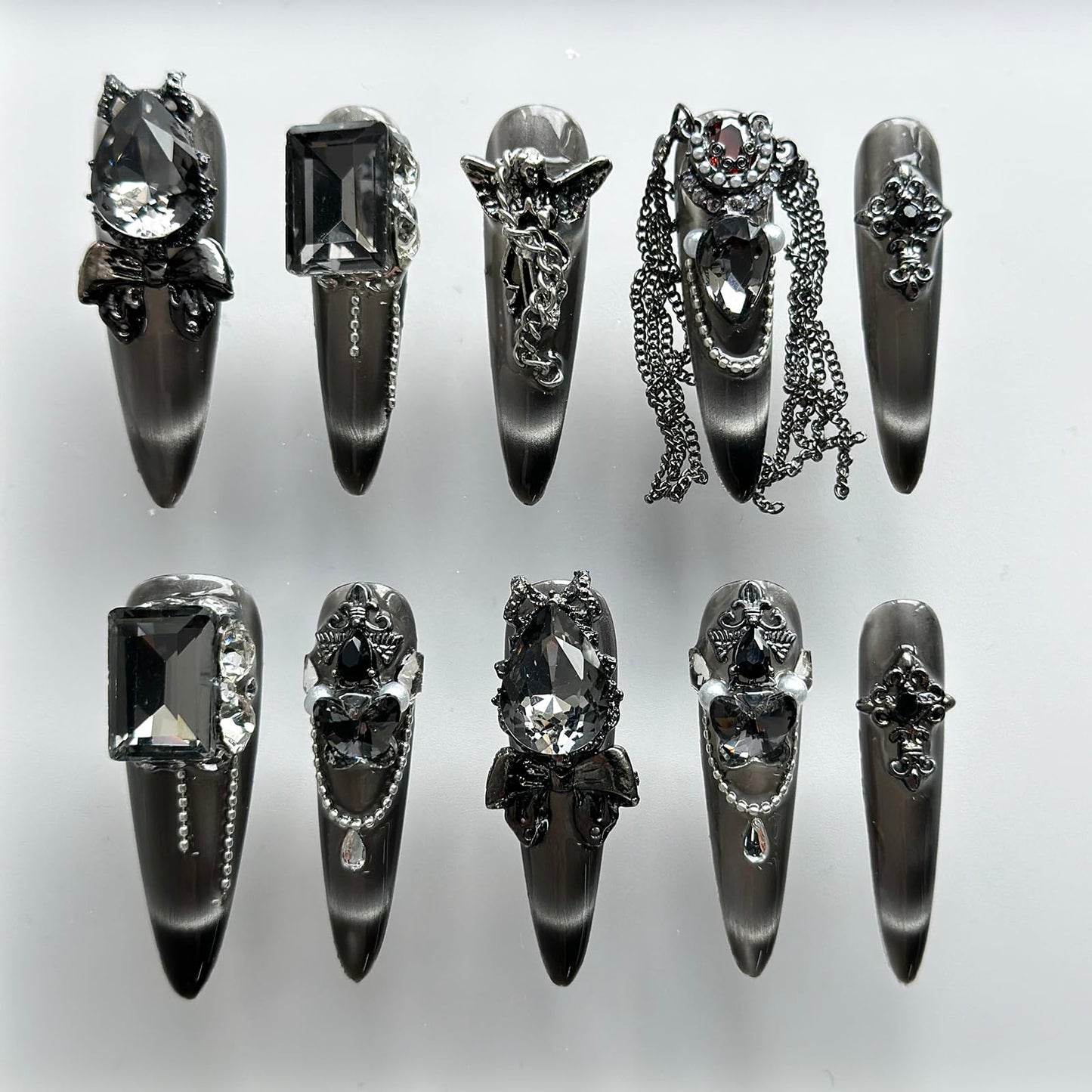 Luxury Press on Nails Long Almond Handmade 3D Unique Reusable ABS Material Fake Nails Black Gothic False with Designs Chain Rhinestones Charms Glitter Glossy Glue on Nails Thick Acrylic Nails(S)